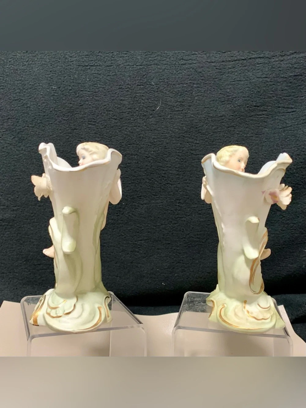 🔍 Vintage Porcelain Cherub Angel Vase Pair Rococo Floral Gold Accents